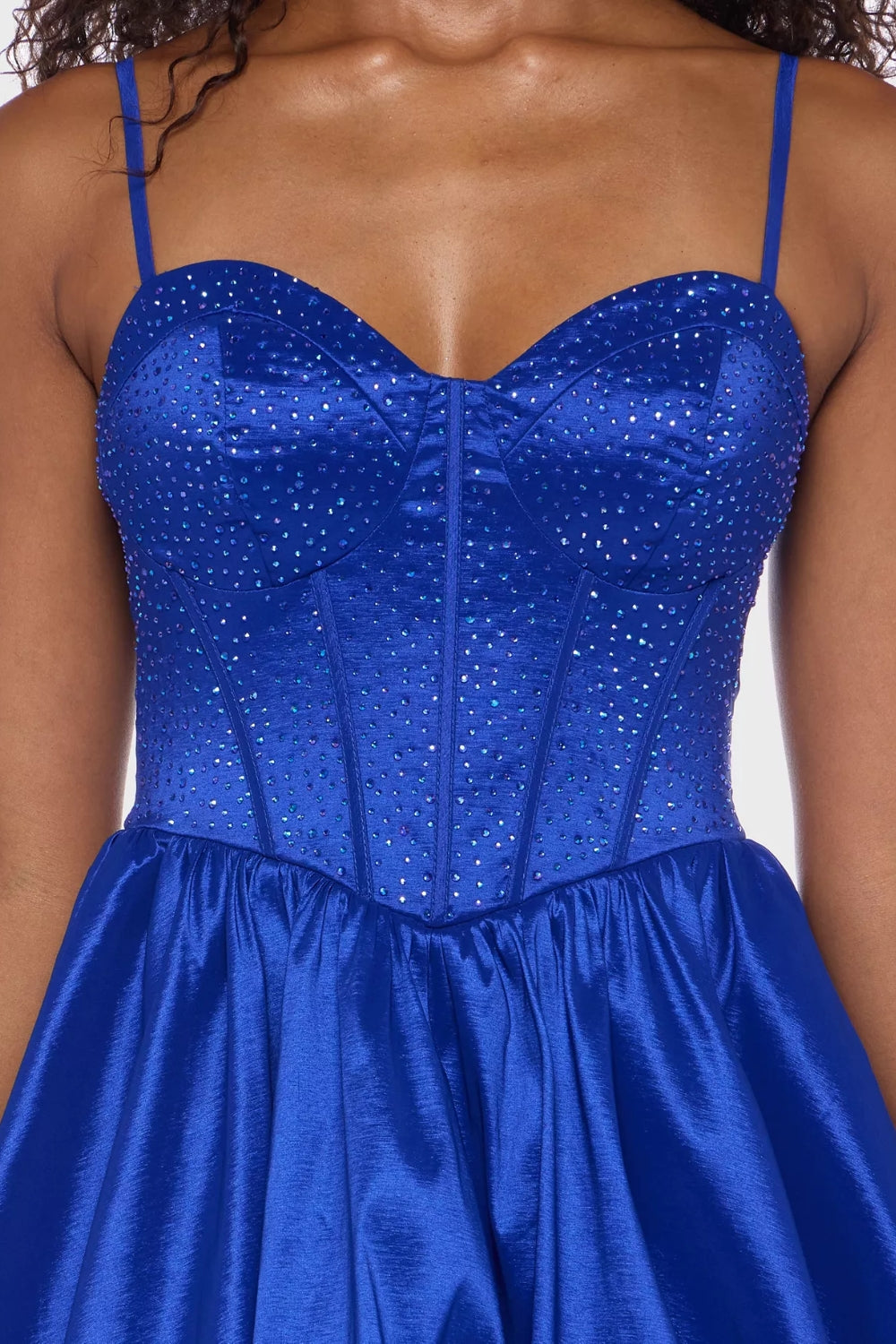 Vestido corto azul rey con brillos en corset
