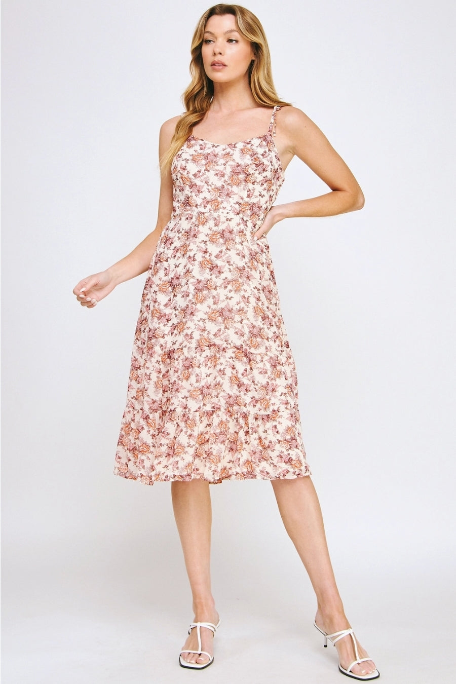 Vestido Midi Floral Beige con Tirantes Ajustables