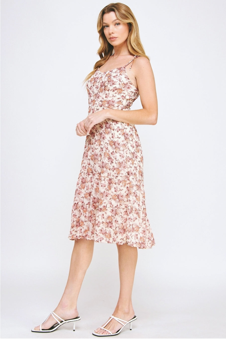Vestido Midi Floral Beige con Tirantes Ajustables