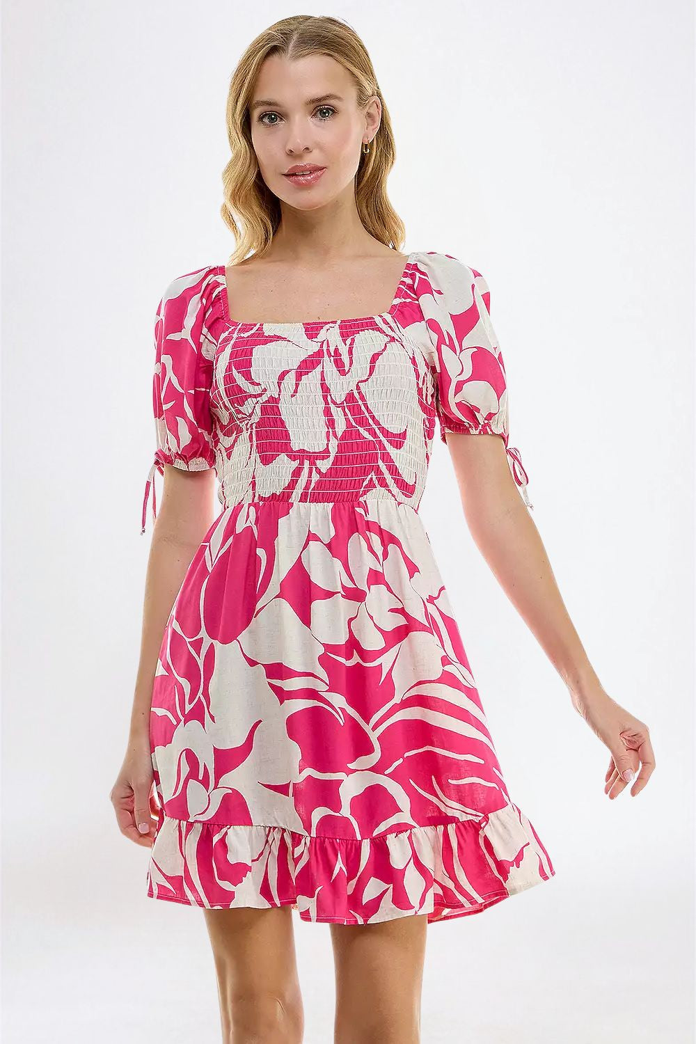 Vestido Corto Fucsia Estampado con Smock