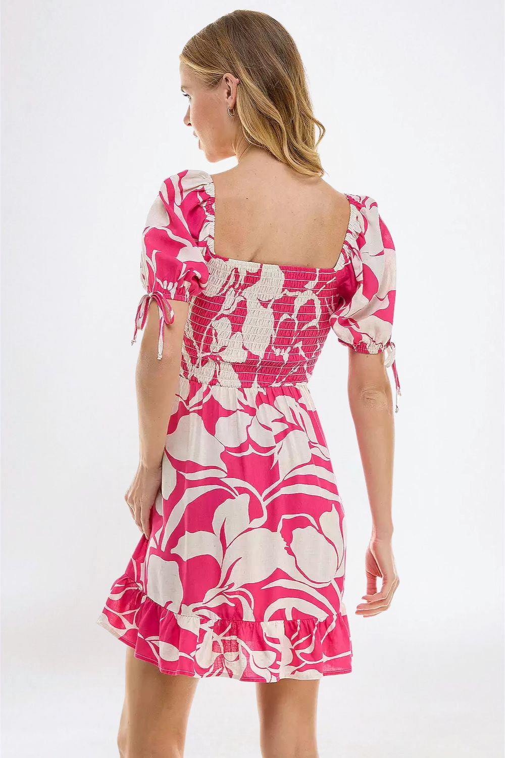 Vestido Corto Fucsia Estampado con Smock