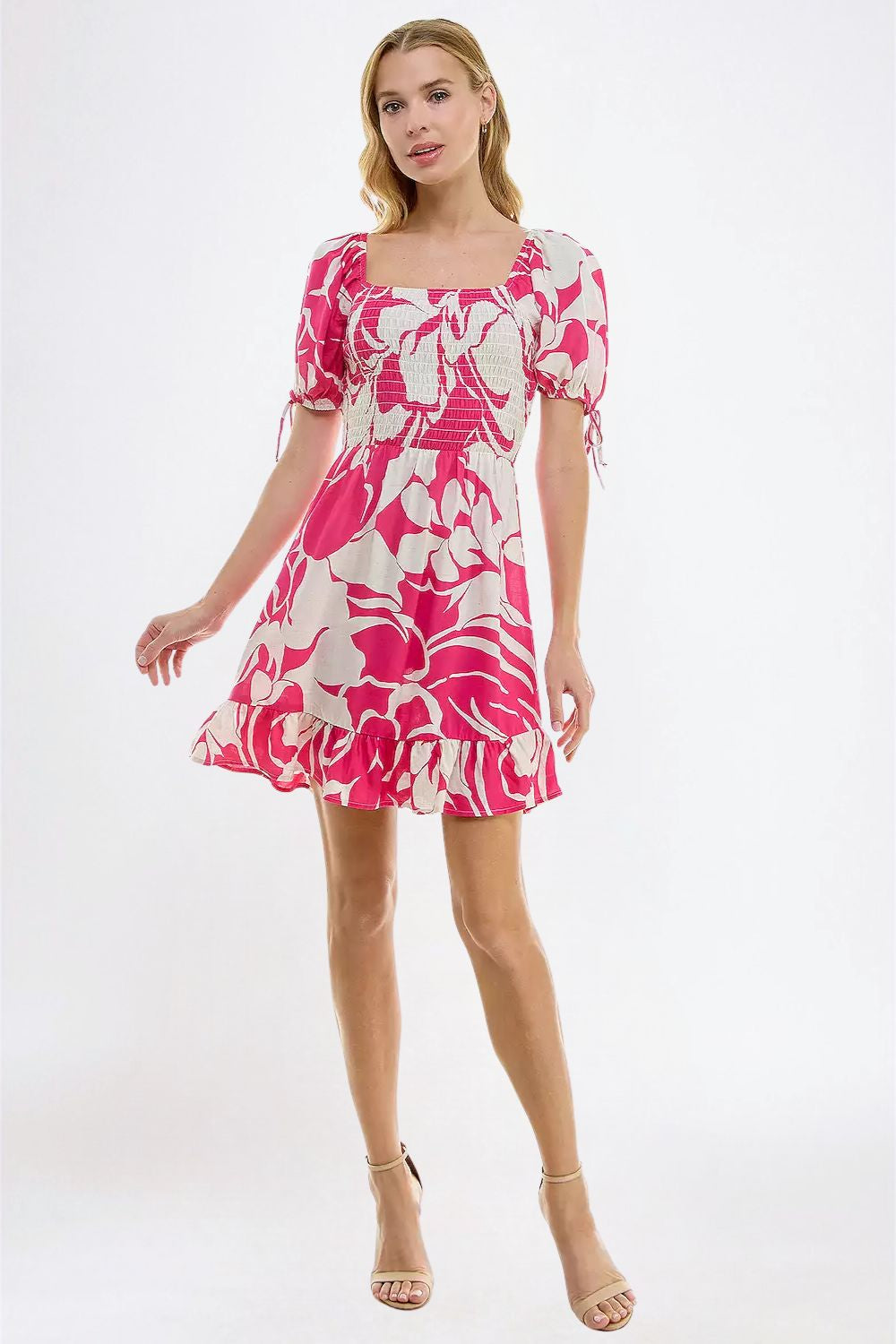 Vestido Corto Fucsia Estampado con Smock