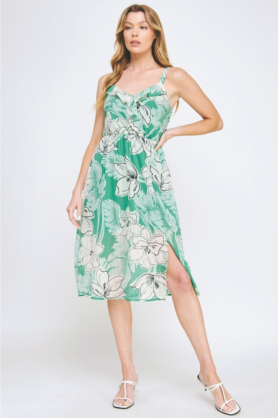 Vestido Midi Floral Verde con Abertura Lateral