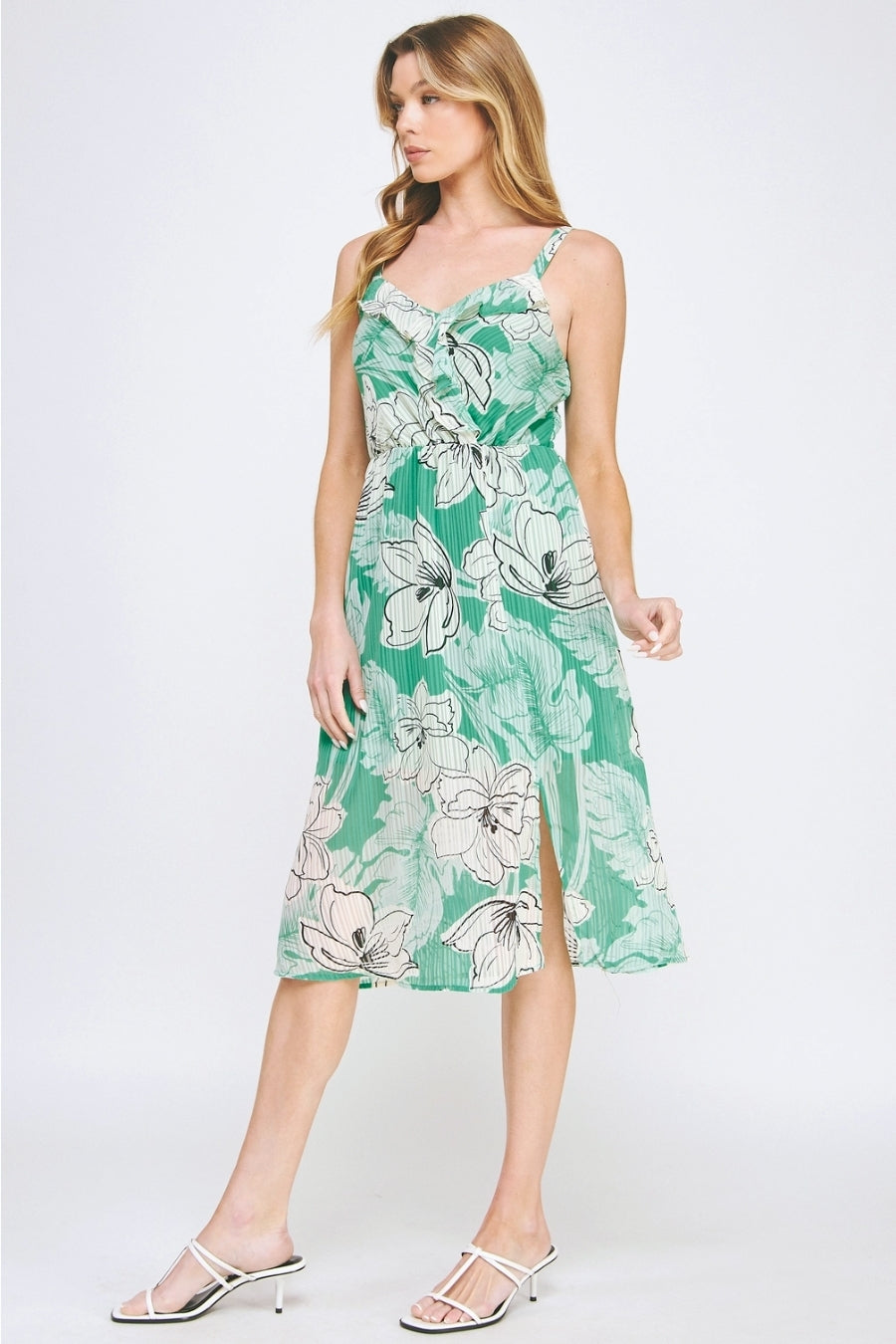Vestido Midi Floral Verde con Abertura Lateral