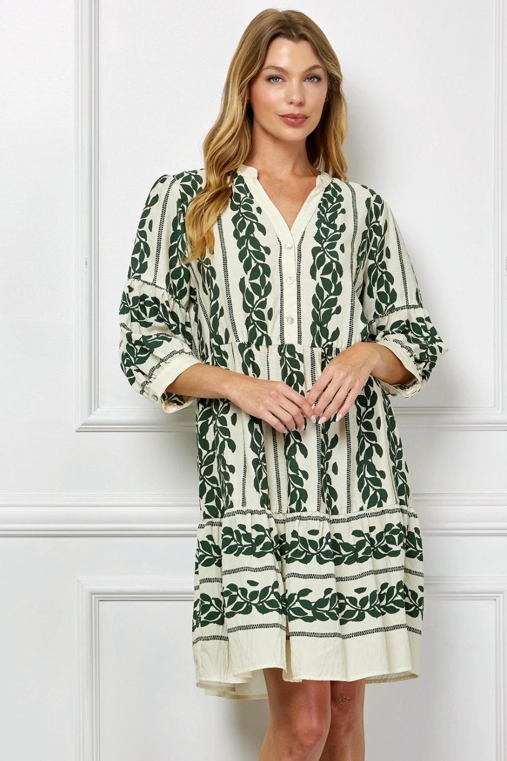 Vestido Midi Estampado Verde con Mangas 3/4