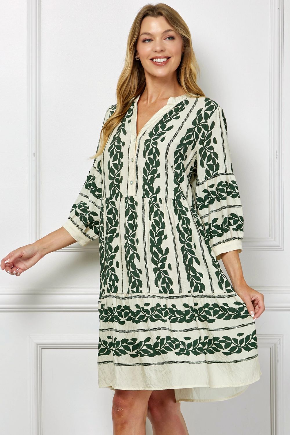 Vestido Midi Estampado Verde con Mangas 3/4