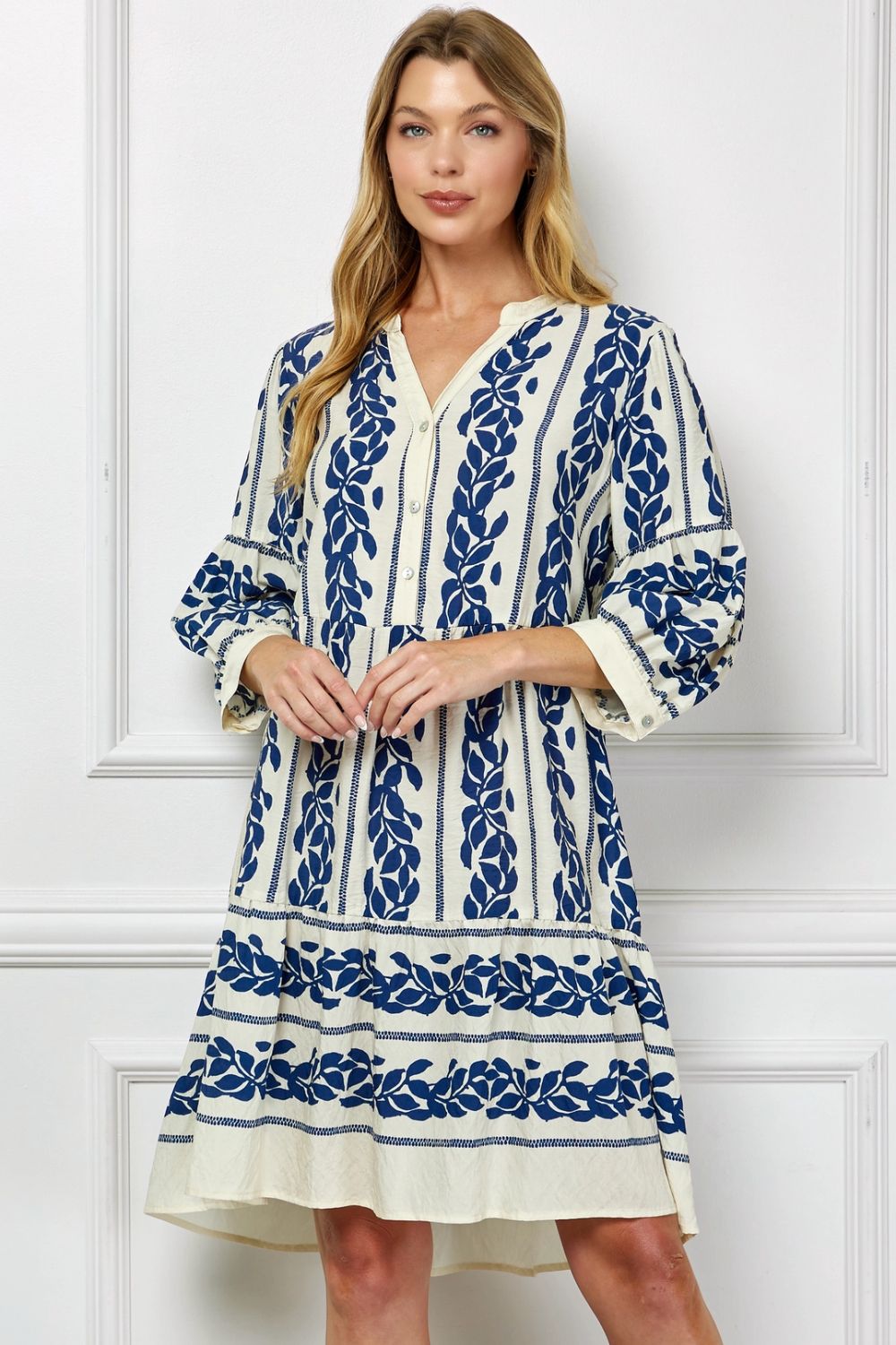 Vestido Midi Estampado Azul con Mangas 3/4