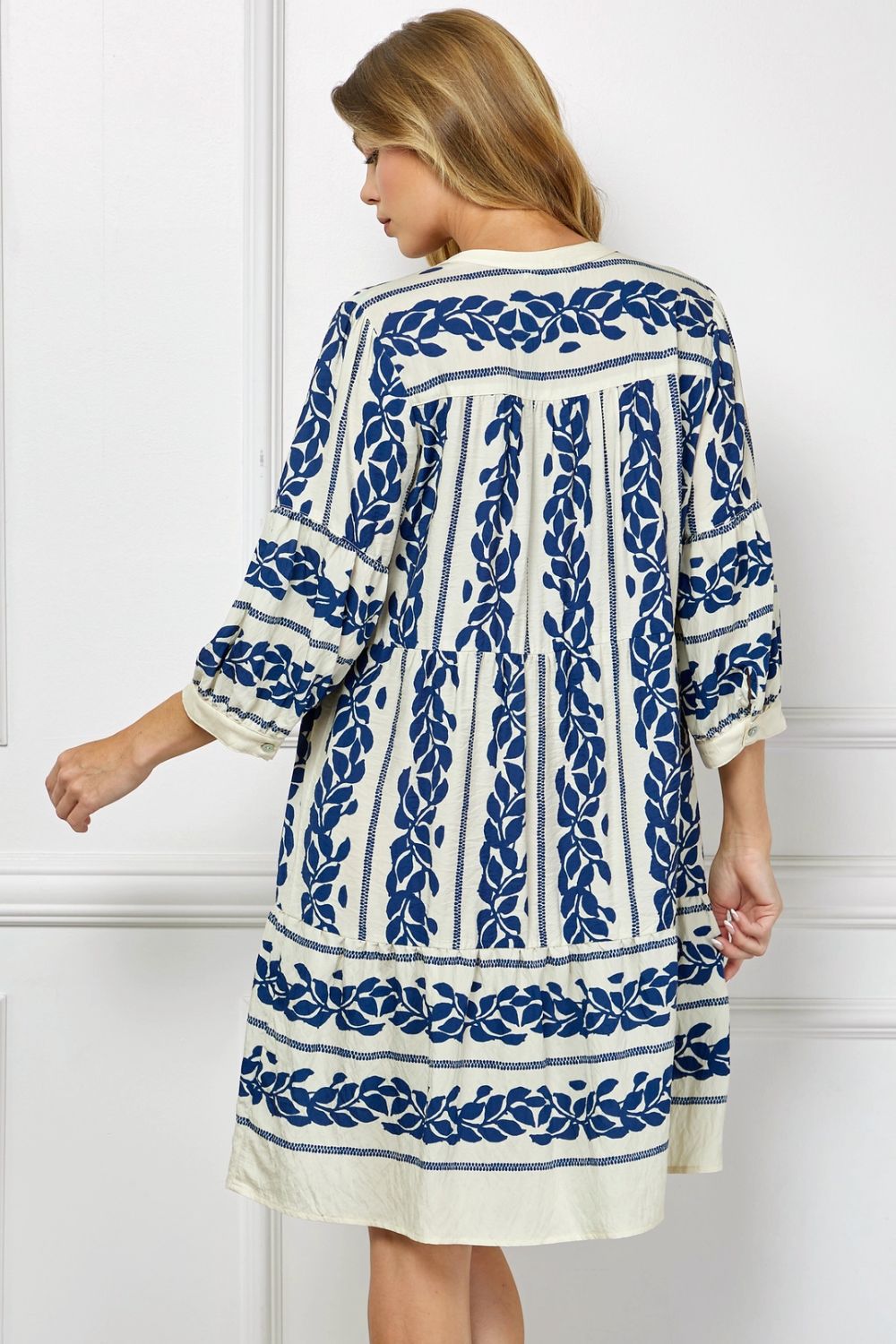 Vestido Midi Estampado Azul con Mangas 3/4