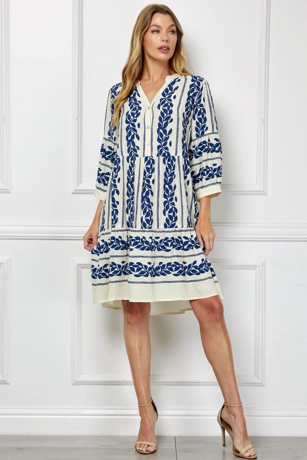 Vestido Midi Estampado Azul con Mangas 3/4