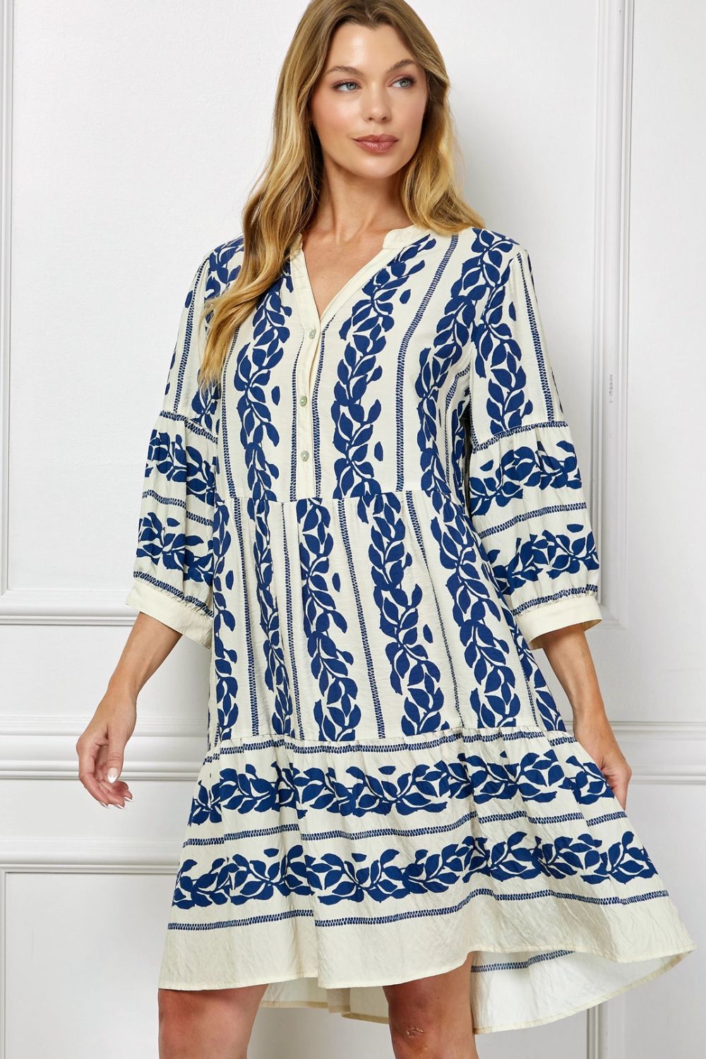 Vestido Midi Estampado Azul con Mangas 3/4