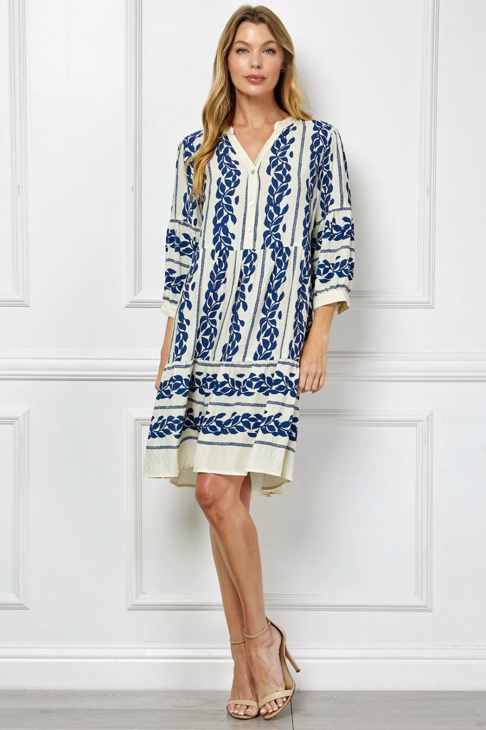 Vestido Midi Estampado Azul con Mangas 3/4