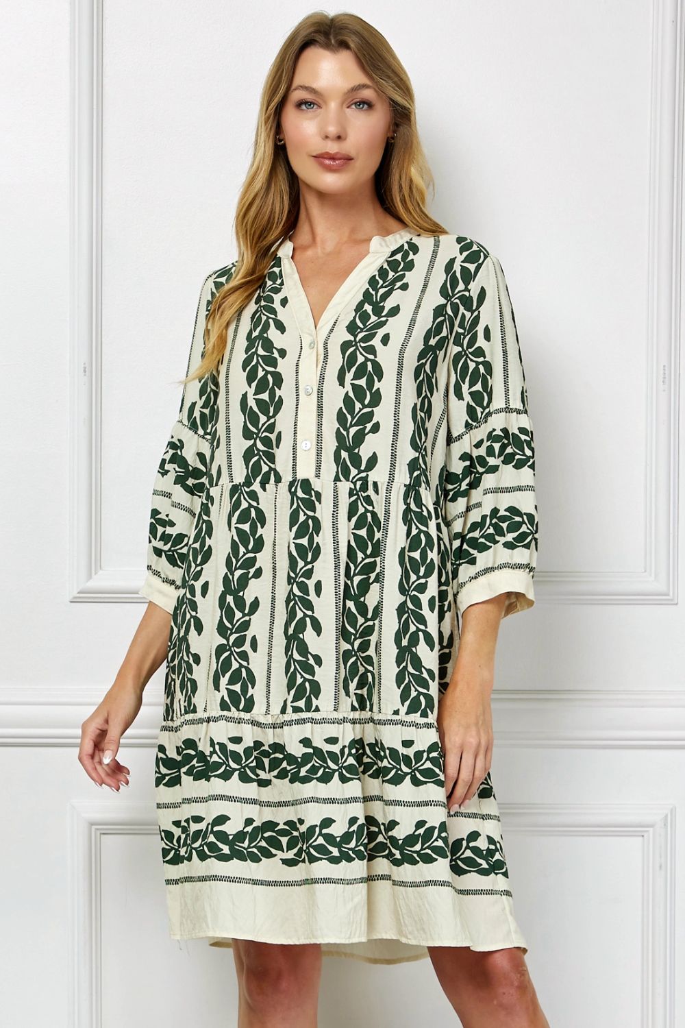 Vestido Midi Estampado Verde con Mangas 3/4