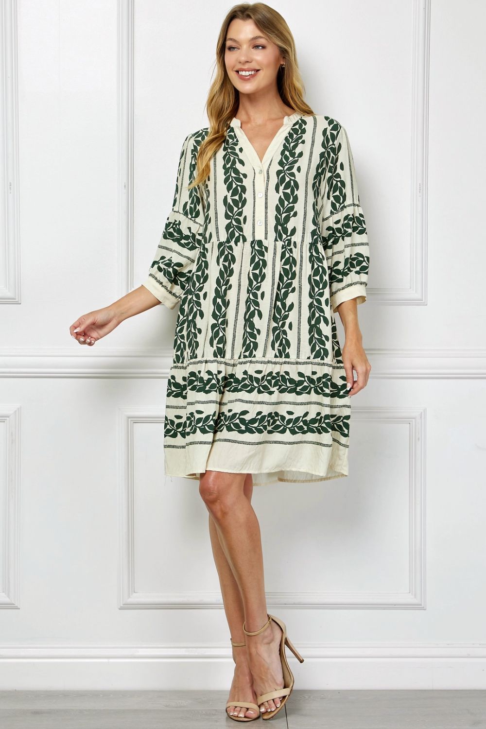 Vestido Midi Estampado Verde con Mangas 3/4