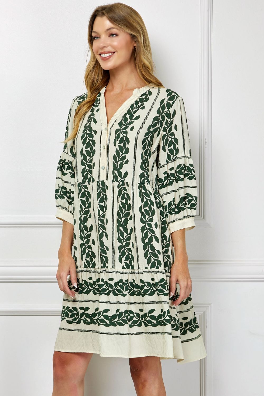 Vestido Midi Estampado Verde con Mangas 3/4