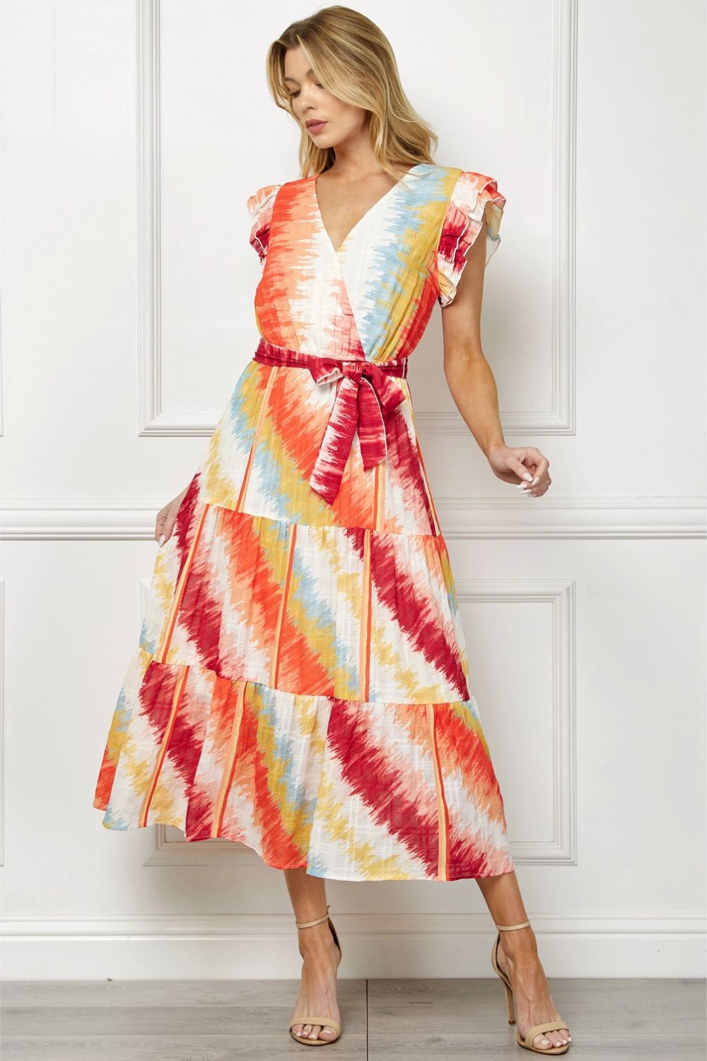 Vestido Midi Multicolor con Escote en V y Lazo