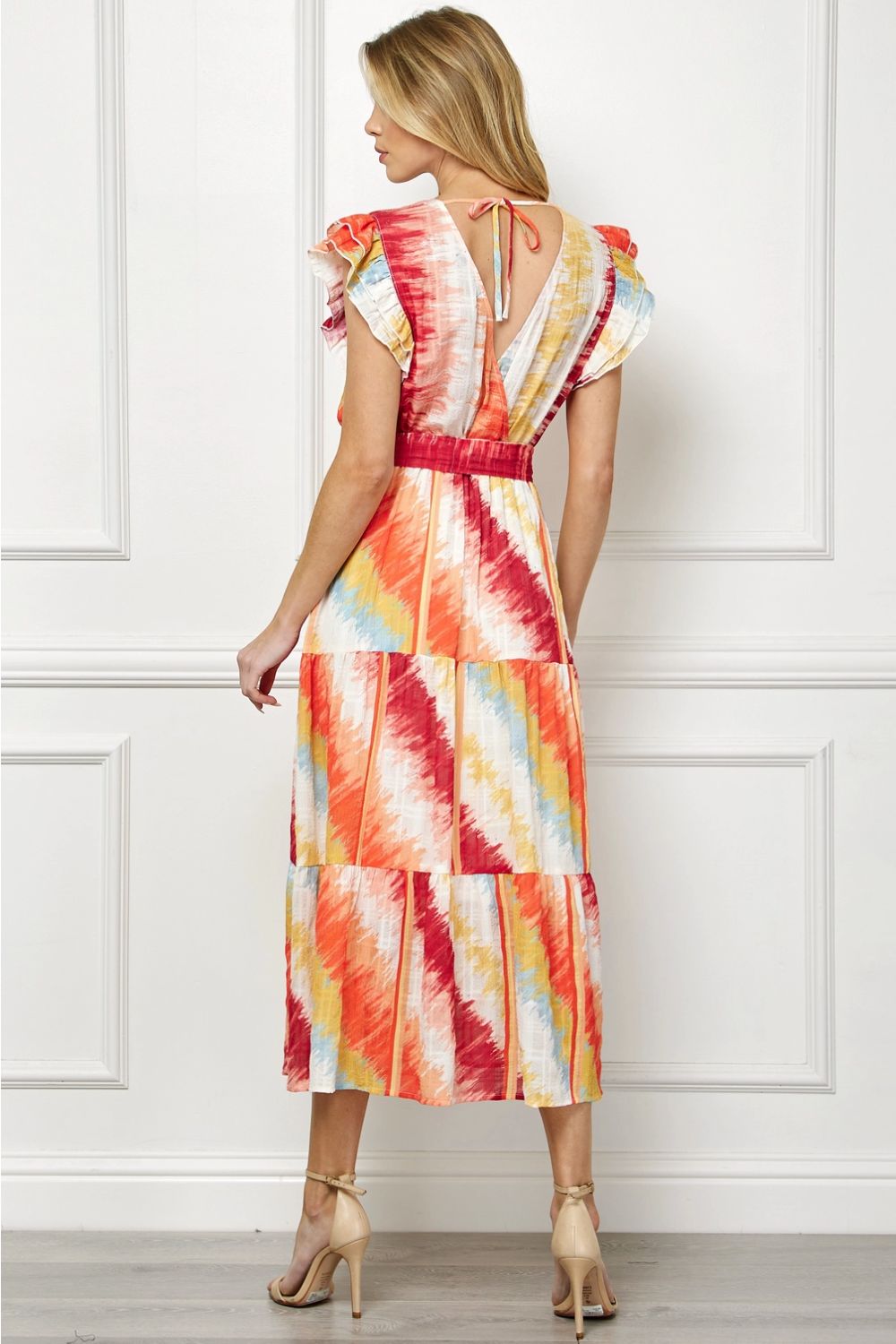 Vestido Midi Multicolor con Escote en V y Lazo