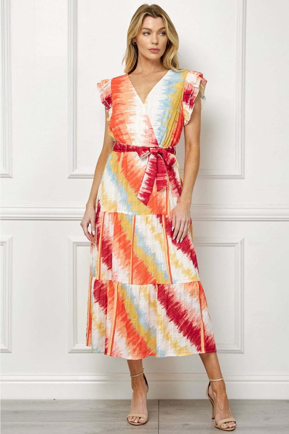 Vestido Midi Multicolor con Escote en V y Lazo