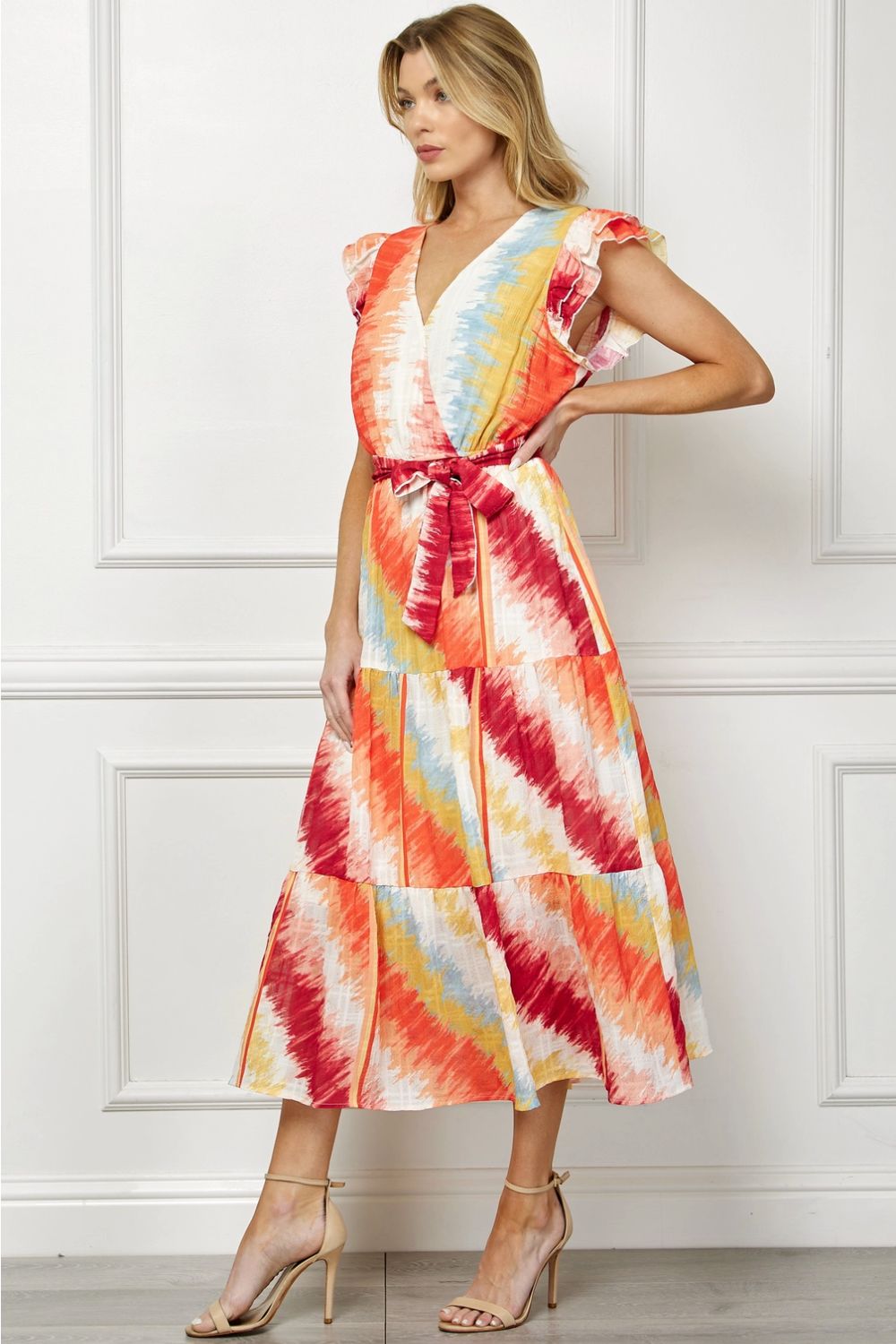 Vestido Midi Multicolor con Escote en V y Lazo