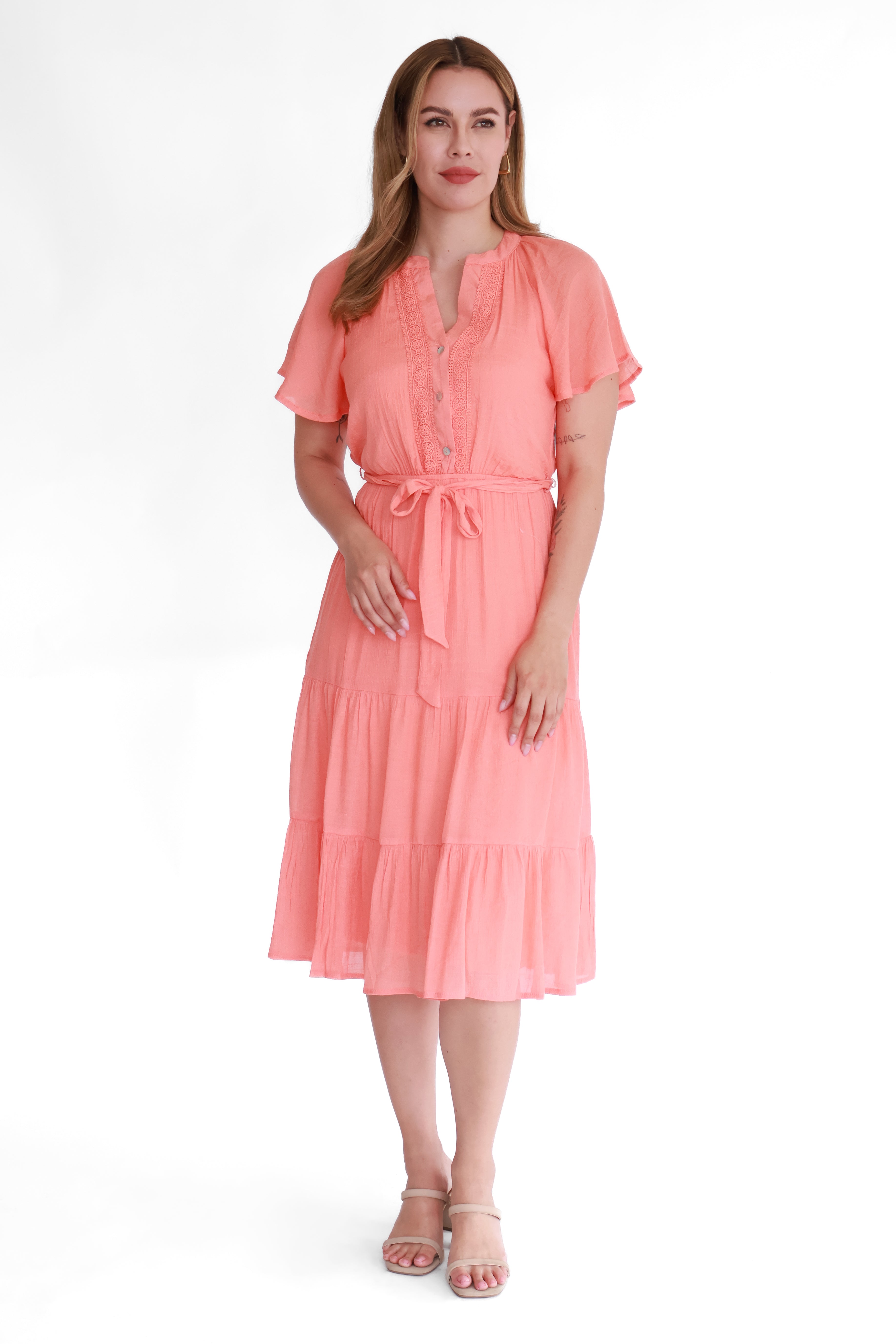 Vestido Midi con Olanes y Cinturón | $270 pz
