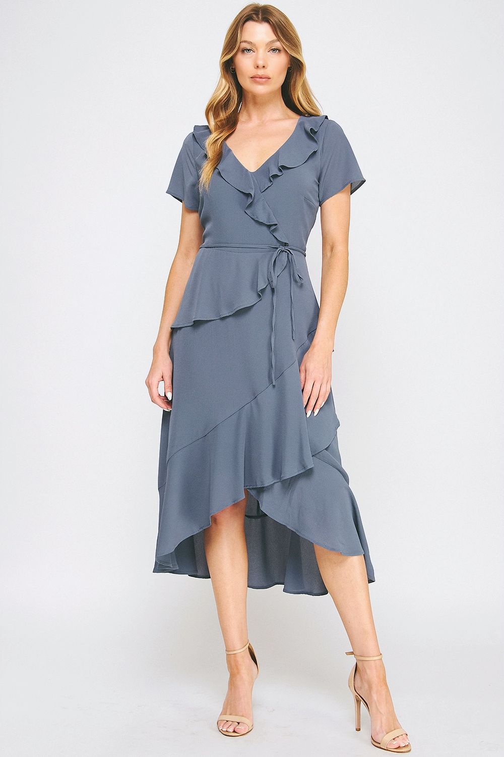 Vestido Midi Cruzado con Olanes Color Azul Acero