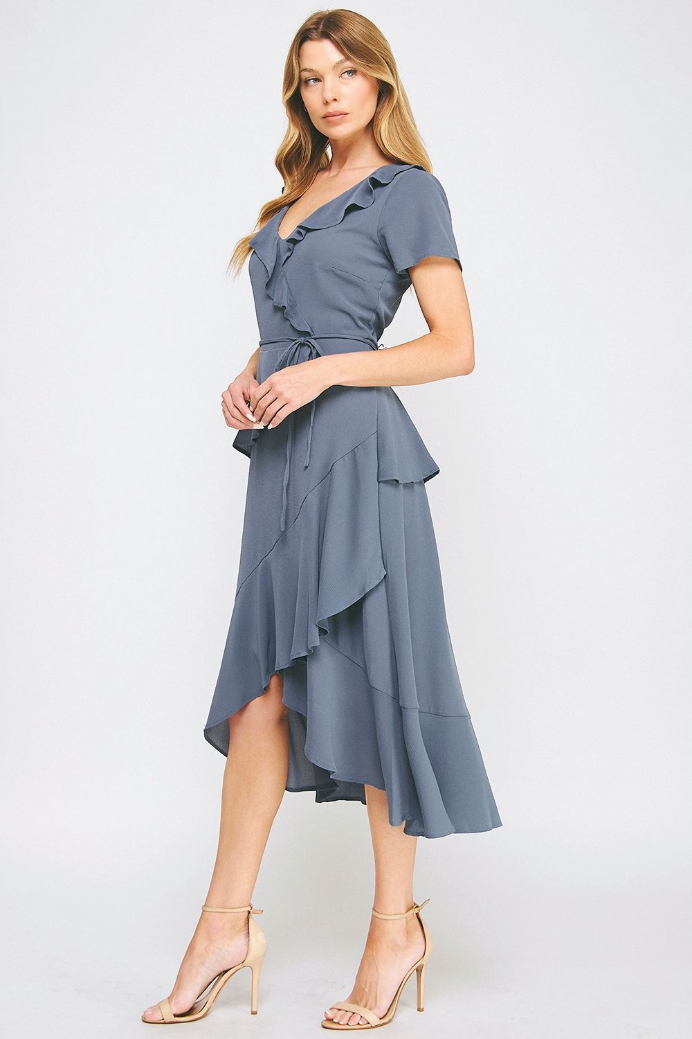 Vestido Midi Cruzado con Olanes Color Azul Acero