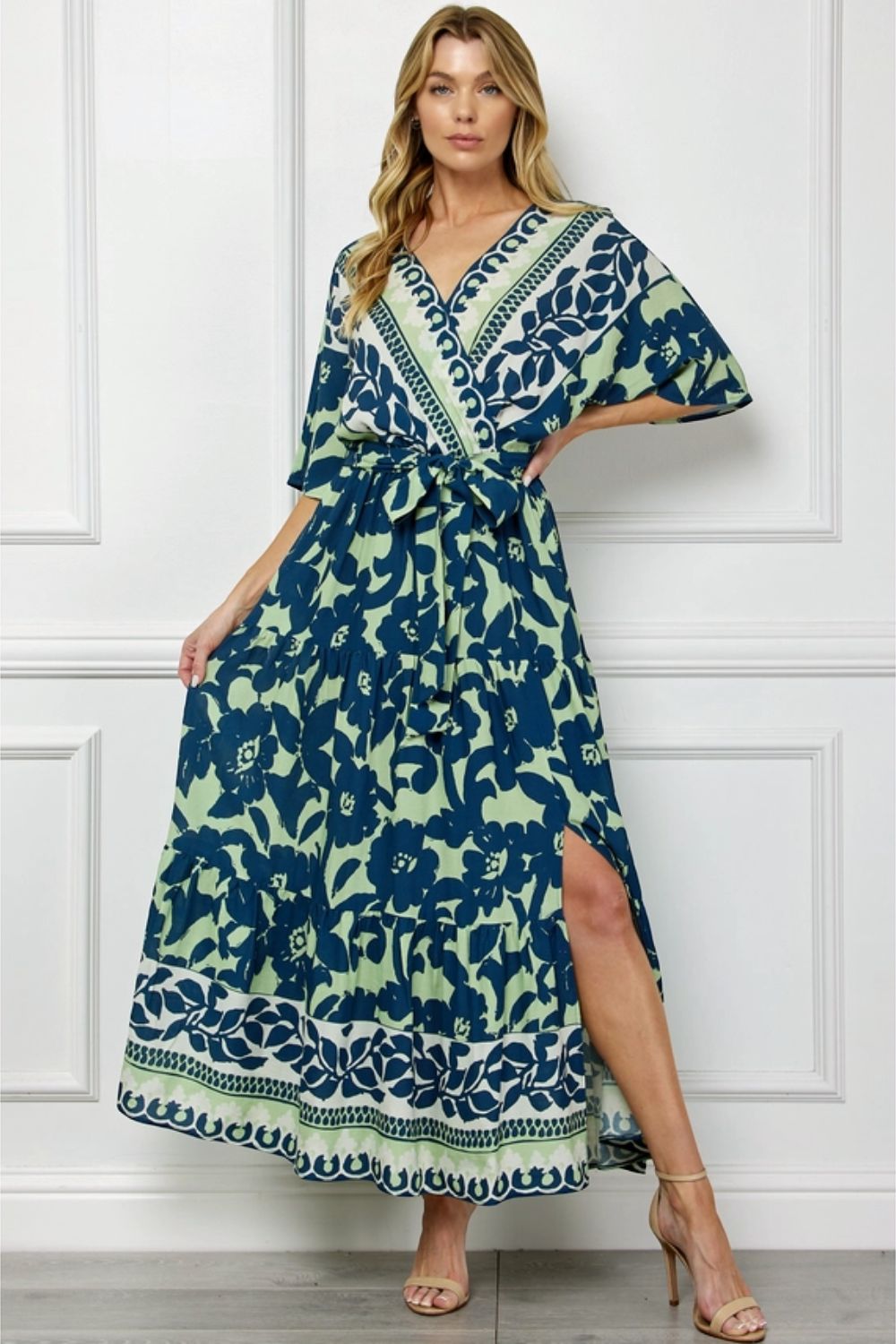 Vestido Maxi Verde Estampado con Escote en V
