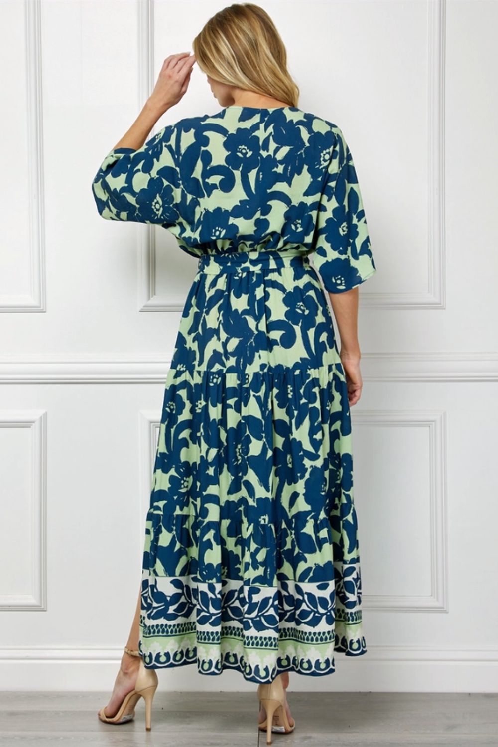 Vestido Maxi Verde Estampado con Escote en V