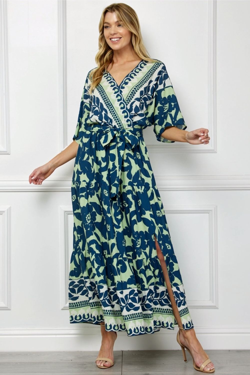 Vestido Maxi Verde Estampado con Escote en V