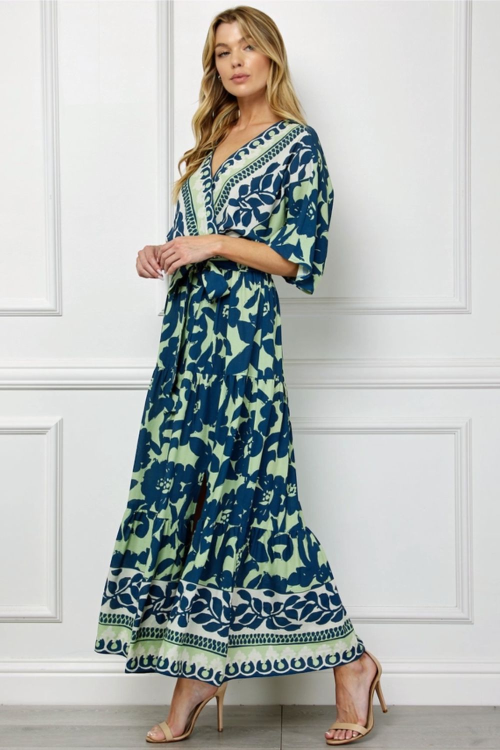 Vestido Maxi Verde Estampado con Escote en V