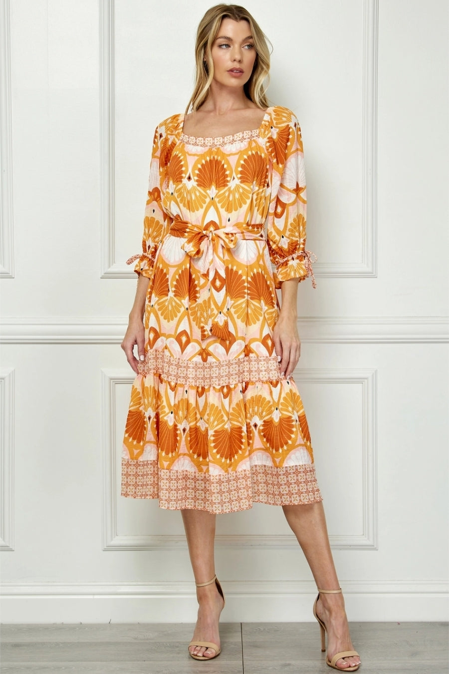 Vestido Midi Naranja con Estampado