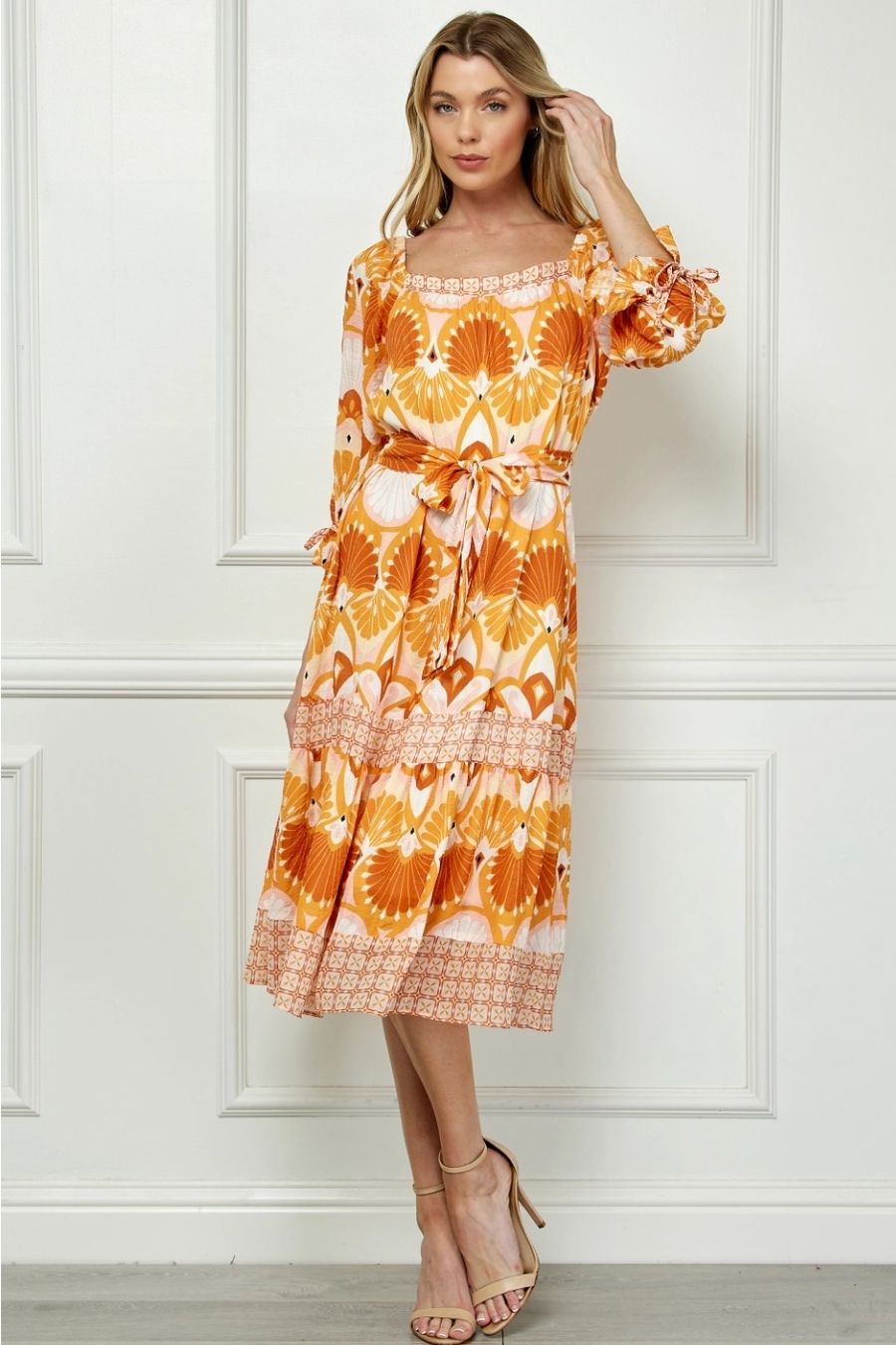 Vestido Midi Naranja con Estampado