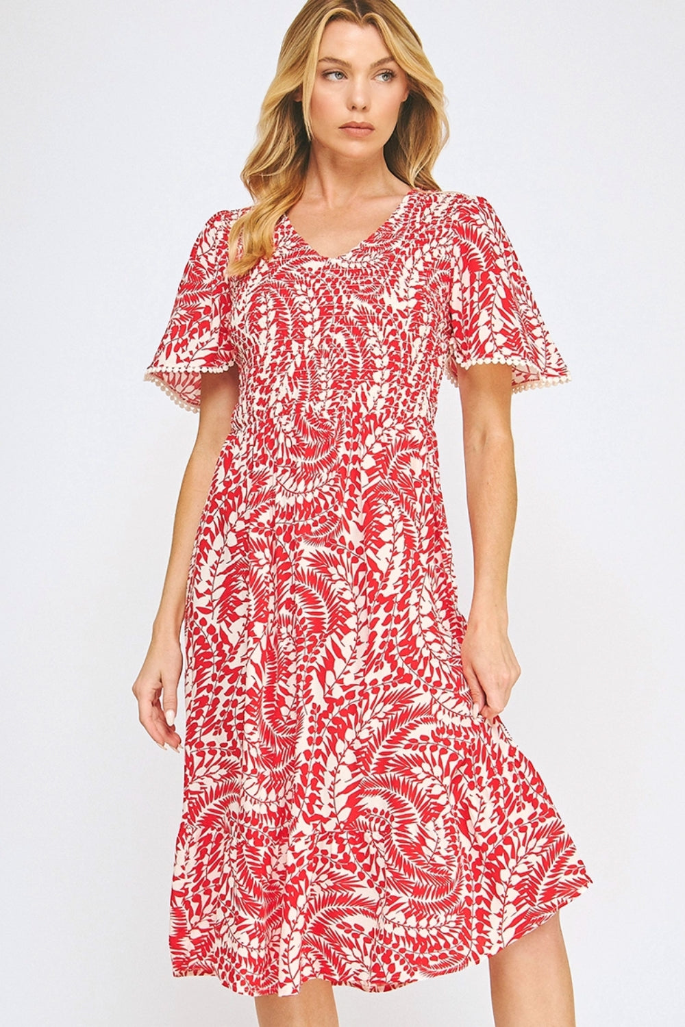 Vestido Midi Estampado Rojo con Mangas Cortas