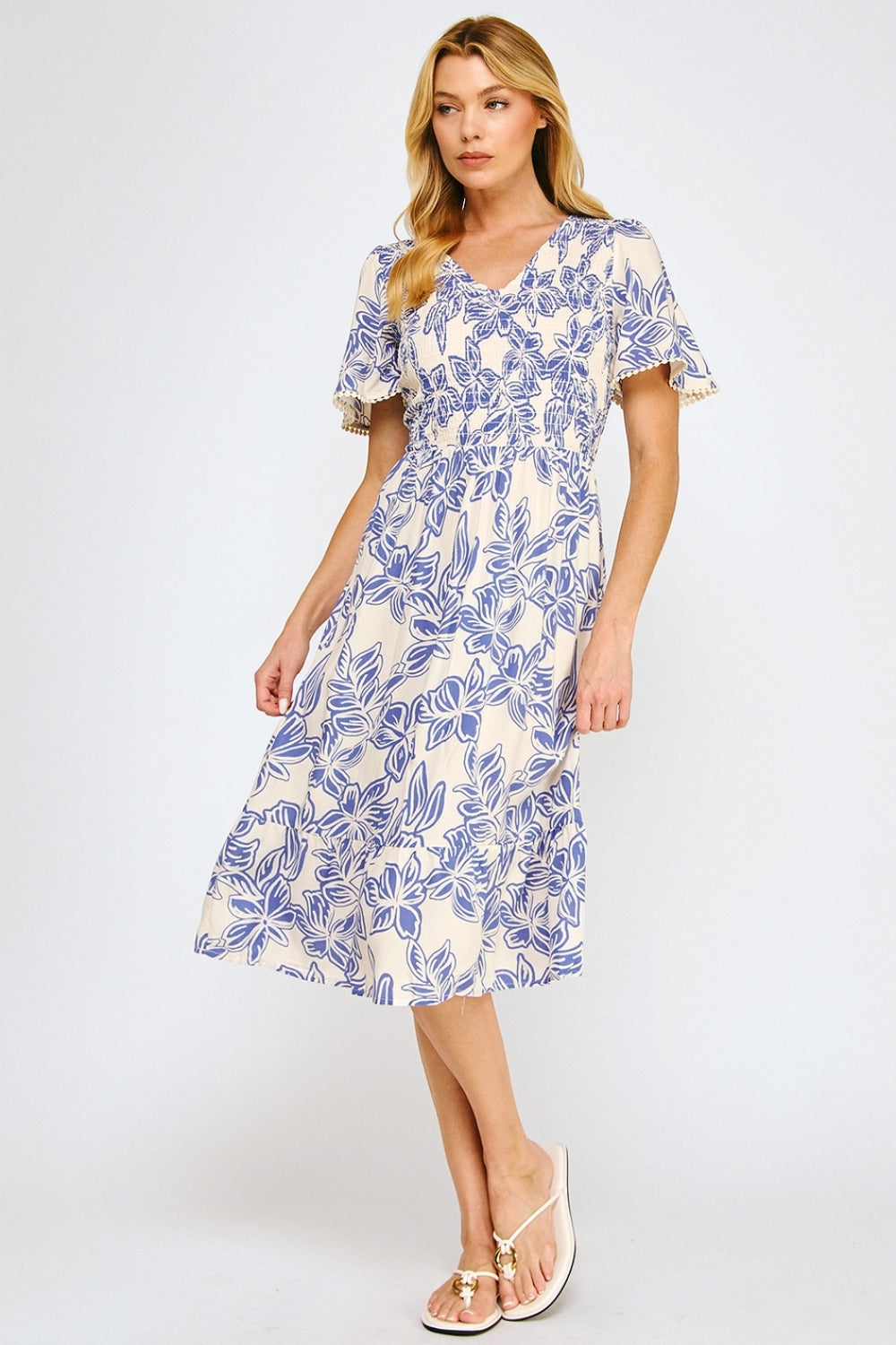 Vestido Midi Estampado Beige con Azul y Mangas Cortas