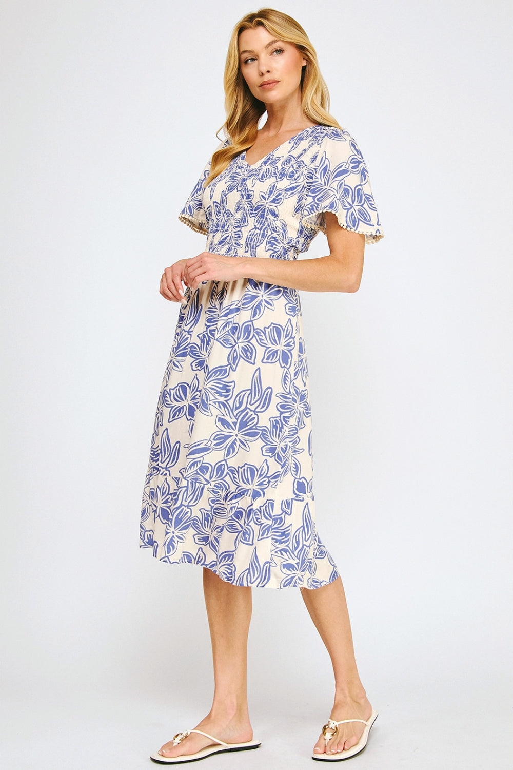 Vestido Midi Estampado Beige con Azul y Mangas Cortas