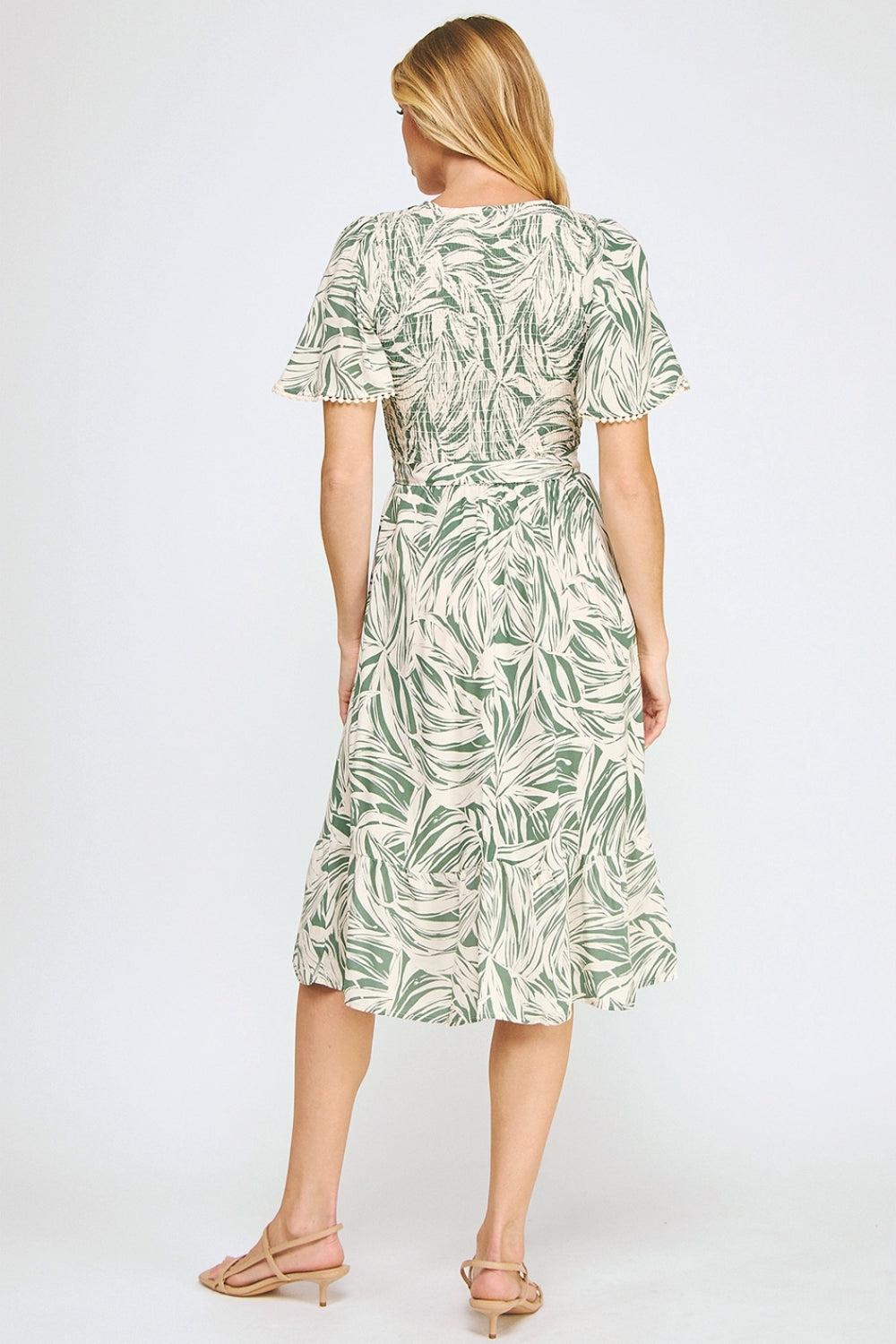 Vestido Midi Verde Estampado Crema con Mangas Cortas