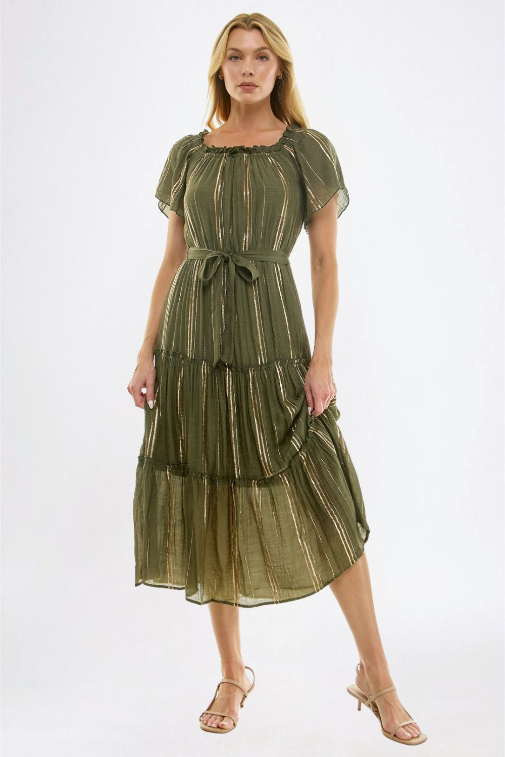 Vestido Midi Verde Olivo con Detalle Brillante