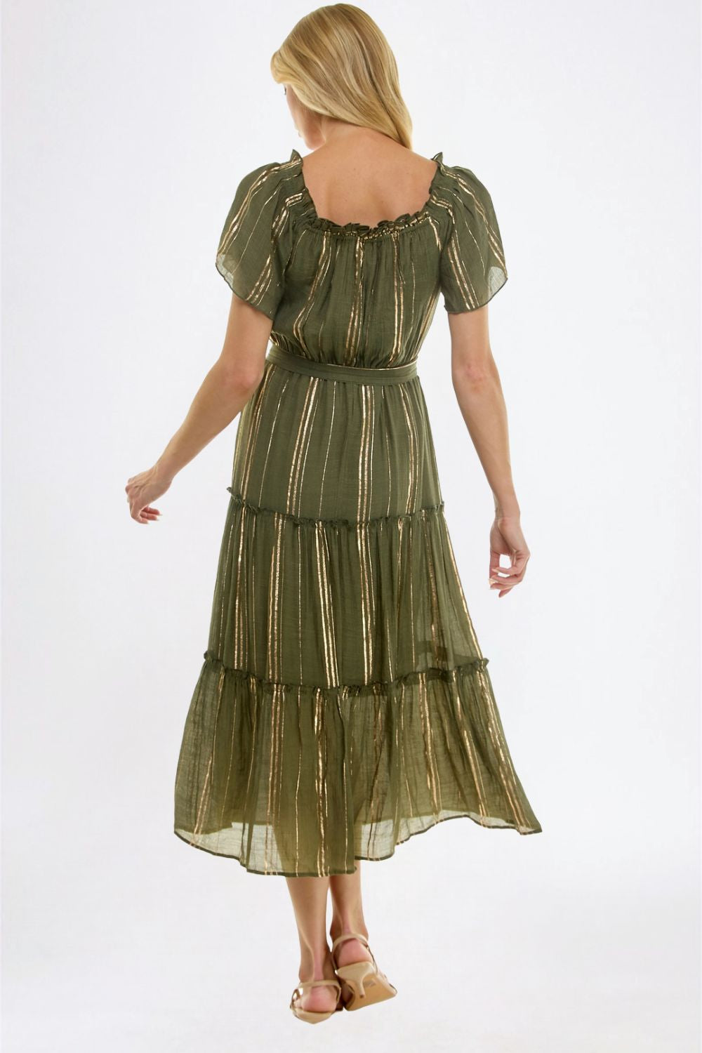 Vestido Midi Verde Olivo con Detalle Brillante