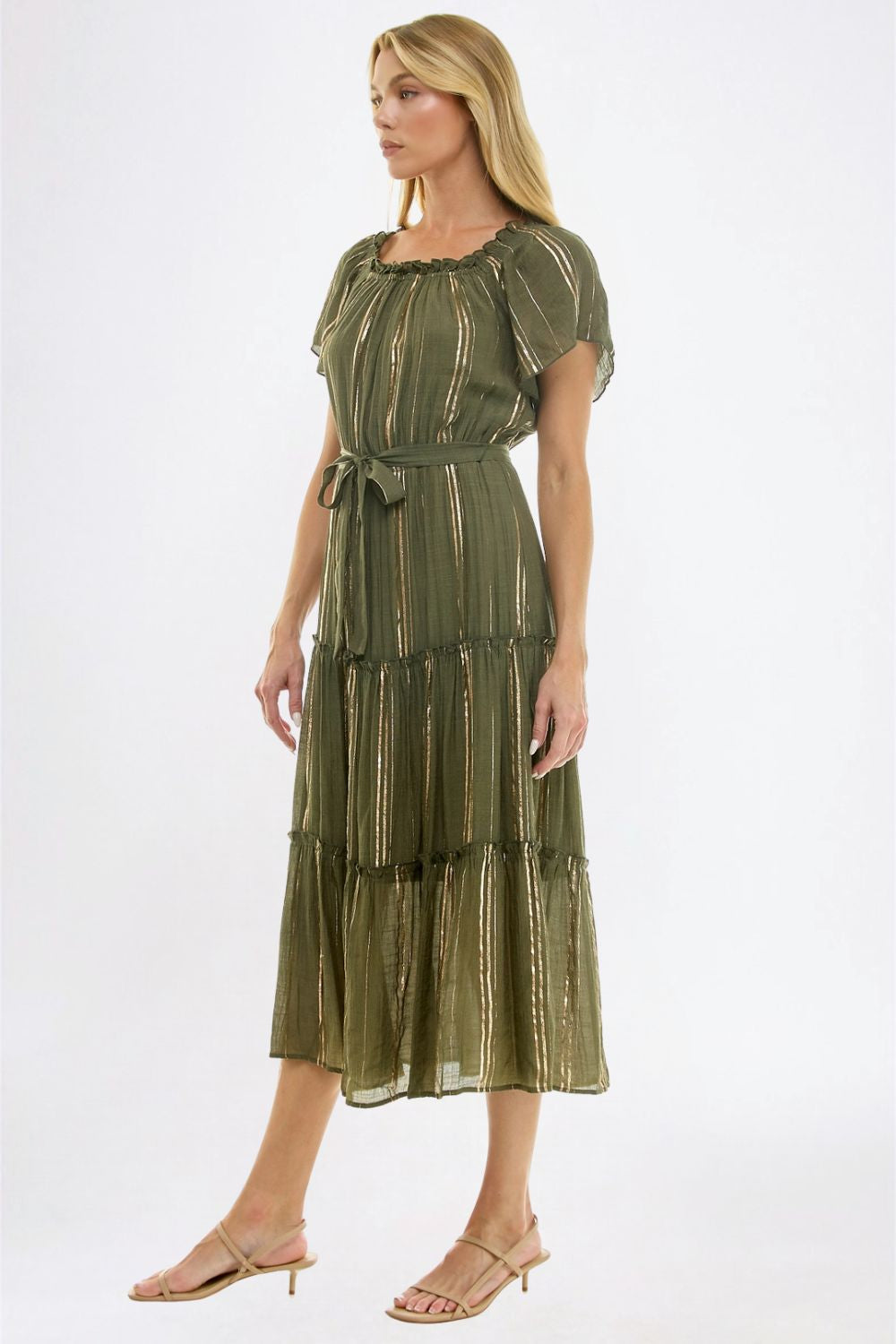 Vestido Midi Verde Olivo con Detalle Brillante