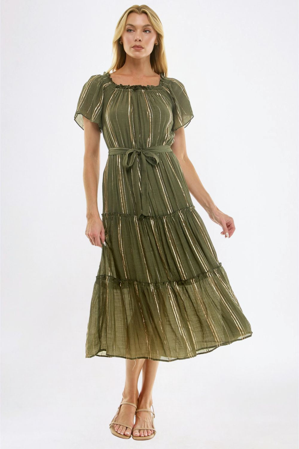 Vestido Midi Verde Olivo con Detalle Brillante