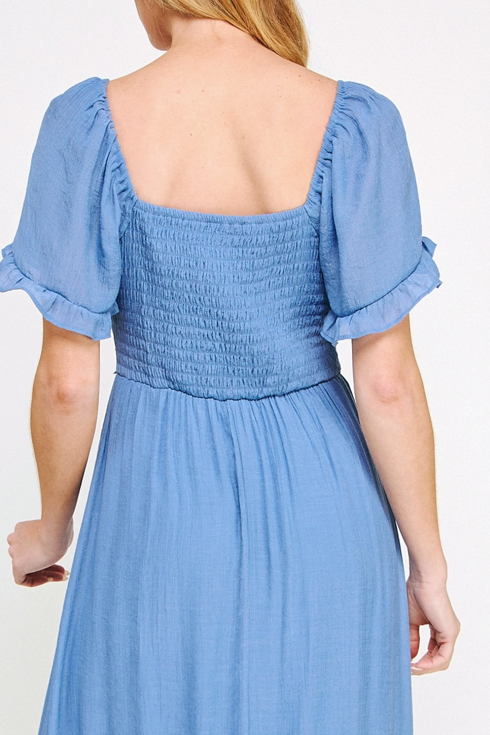 Vestido Midi Azul con Cintura Fruncida