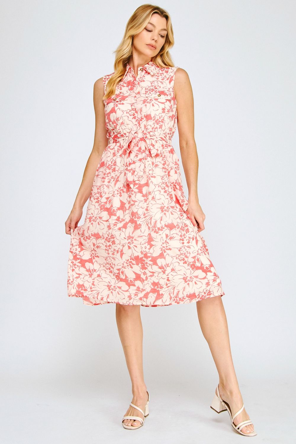 Vestido Midi Floral Rosa sin Mangas