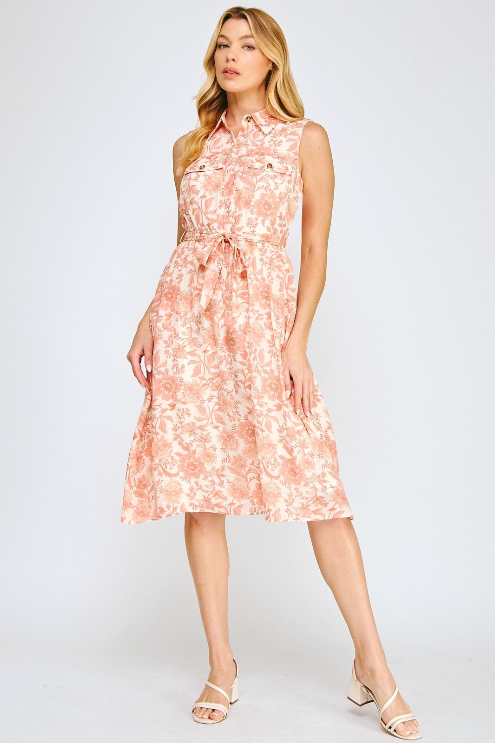 Vestido Midi Floral Rosa Coral sin Mangas