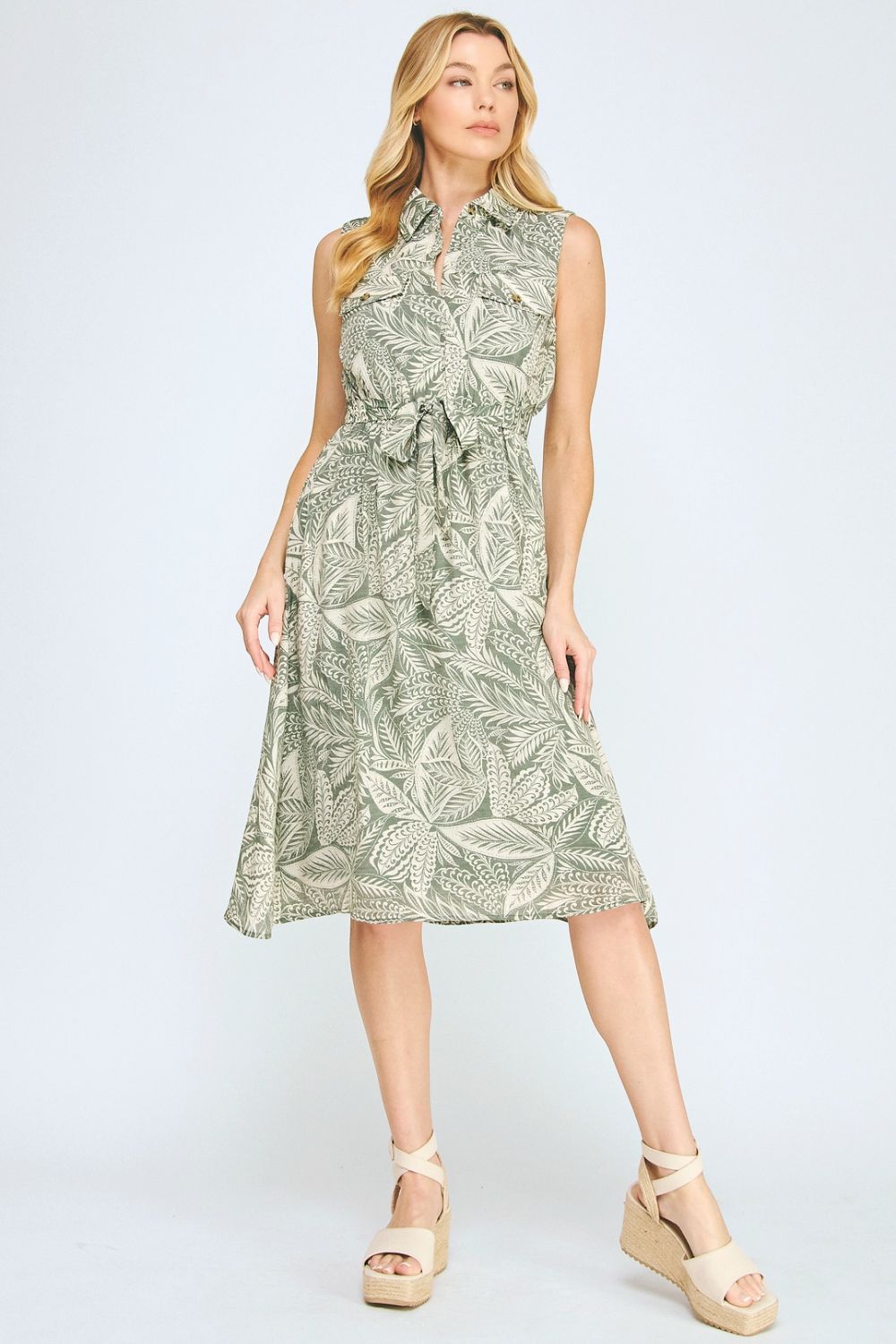 Vestido Midi Estampado Verde sin Mangas