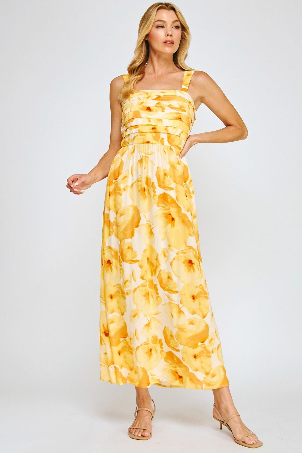 Vestido Midi Estampado Amarillo con Tirantes