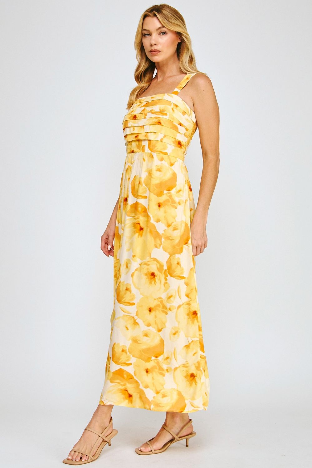 Vestido Midi Estampado Amarillo con Tirantes
