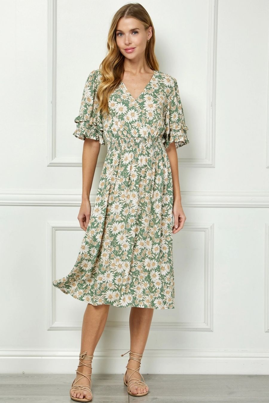 Vestido Midi Floral Verde con Margaritas