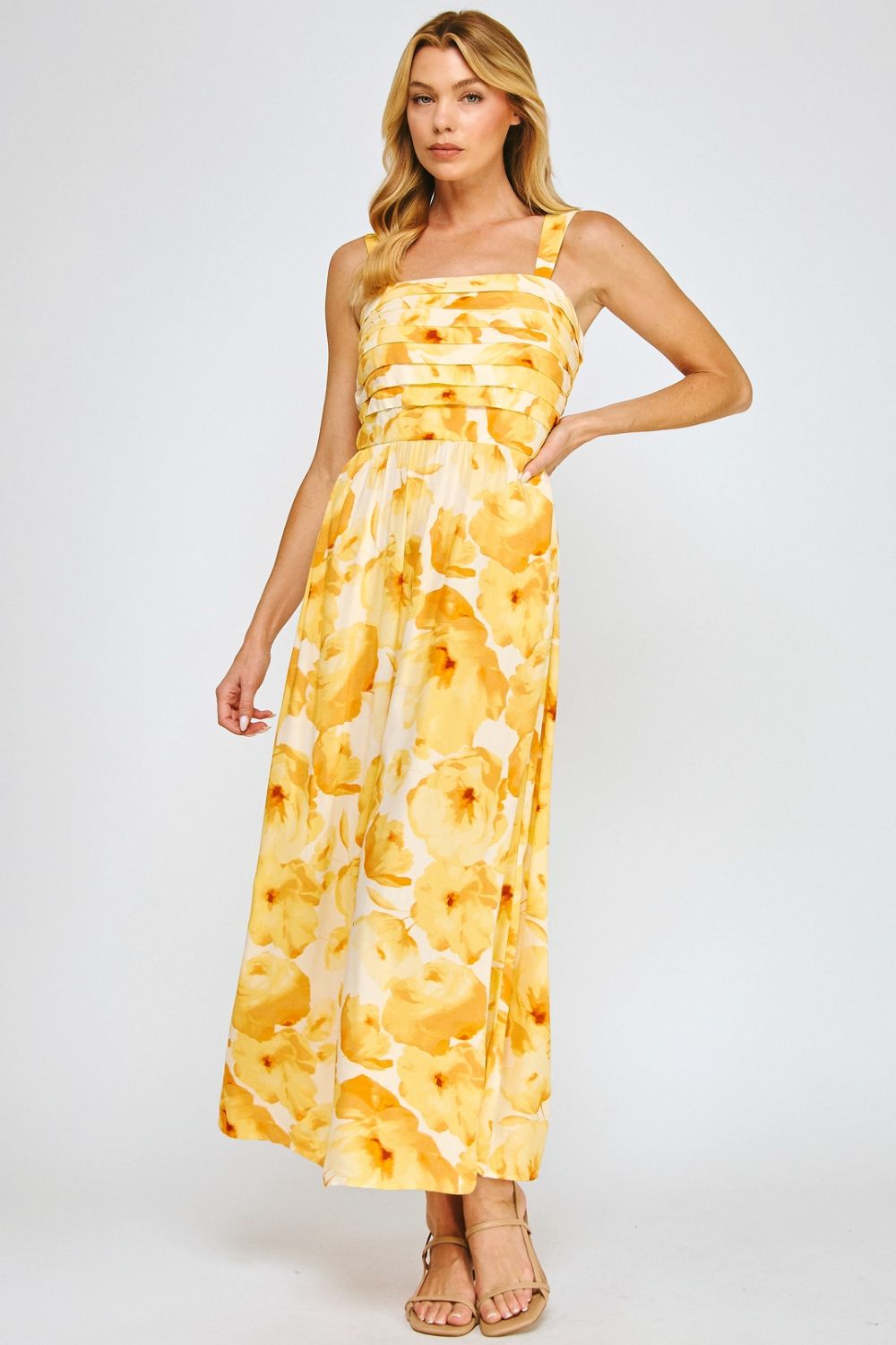 Vestido Midi Estampado Amarillo con Tirantes