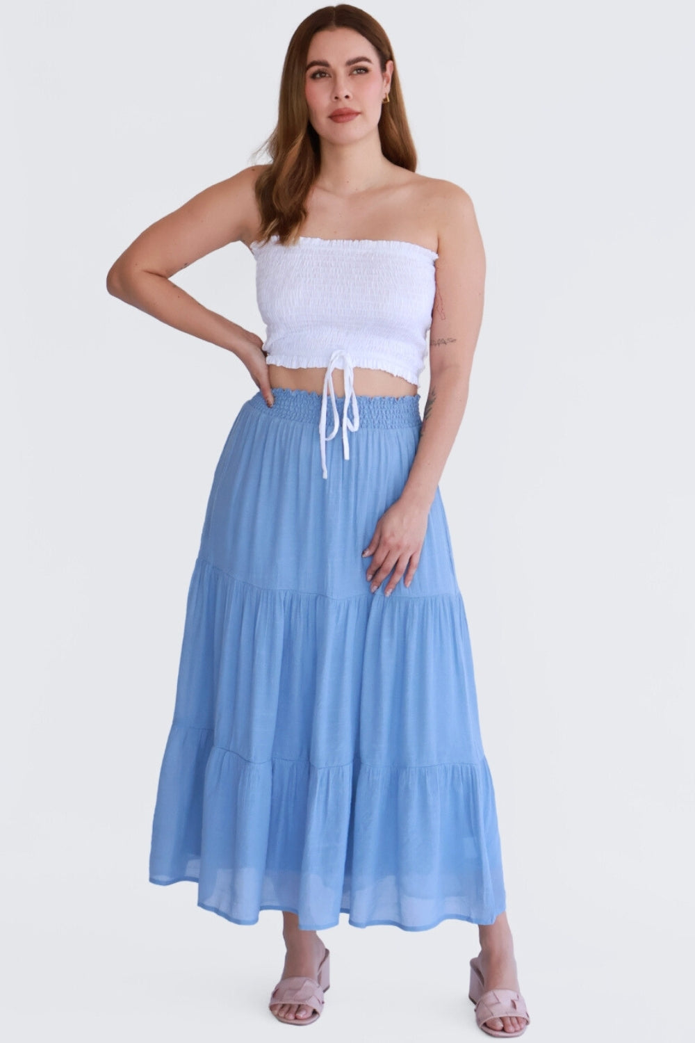 Falda Midi Denim con Olanes