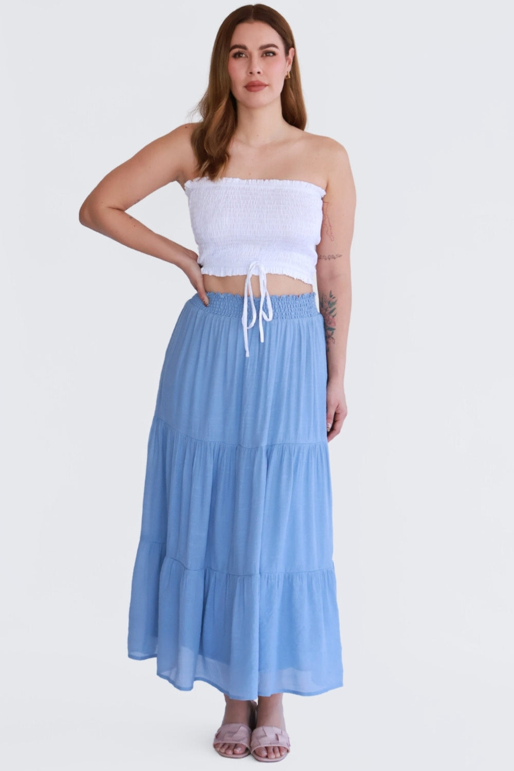 Falda Midi Denim con Olanes