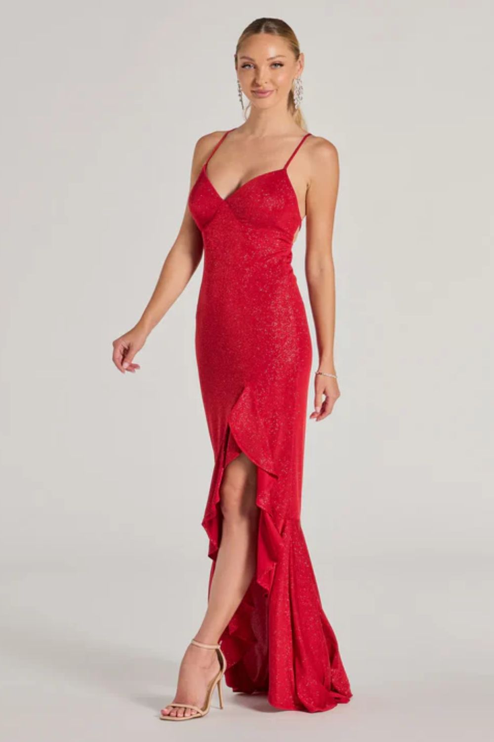 Vestido largo con brillos rojo